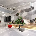 Sleek Bright Modern Office Lobby Reception With Marble Counter And Stylish Geometric Ceiling Design