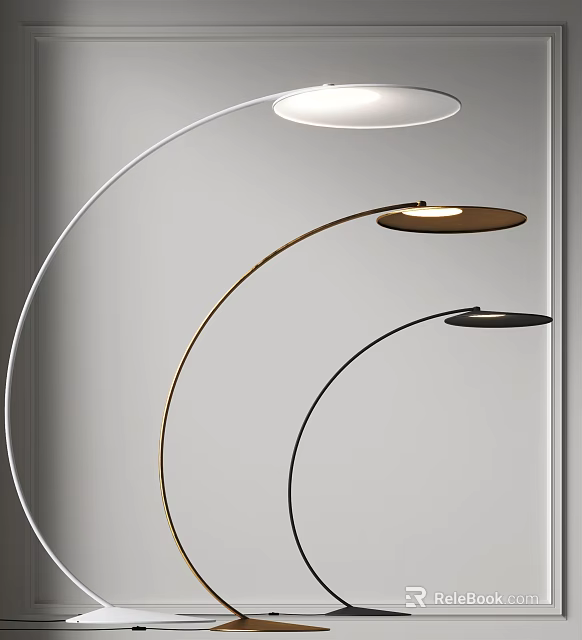 Modern Curved Floor Lamps With White Gold Black Finishes And Round Shades 3d model 