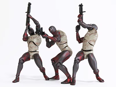 Smart Machines Robots in Combat Stance Holding Firearms with Camouflage Armor and Red Details 3d model