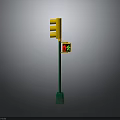 Yellow Traffic Light With Red Man Pedestrian Signal On Green Road Safety Pole