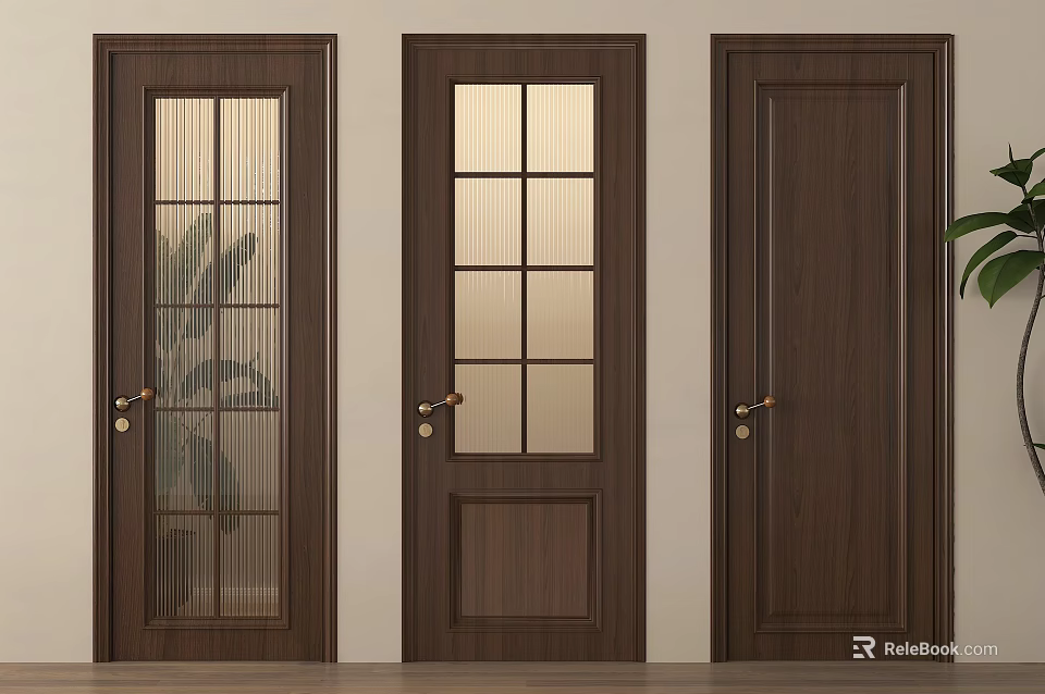Wooden Hinged Doors with Different Glass Panel and Solid Wood Designs 3d model