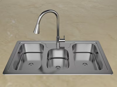 Stainless Steel Three Basin Kitchen Sink With Curved Faucet For Modern Kitchen 3d model