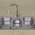 Stainless Steel Three Basin Kitchen Sink With Curved Faucet For Modern Kitchen