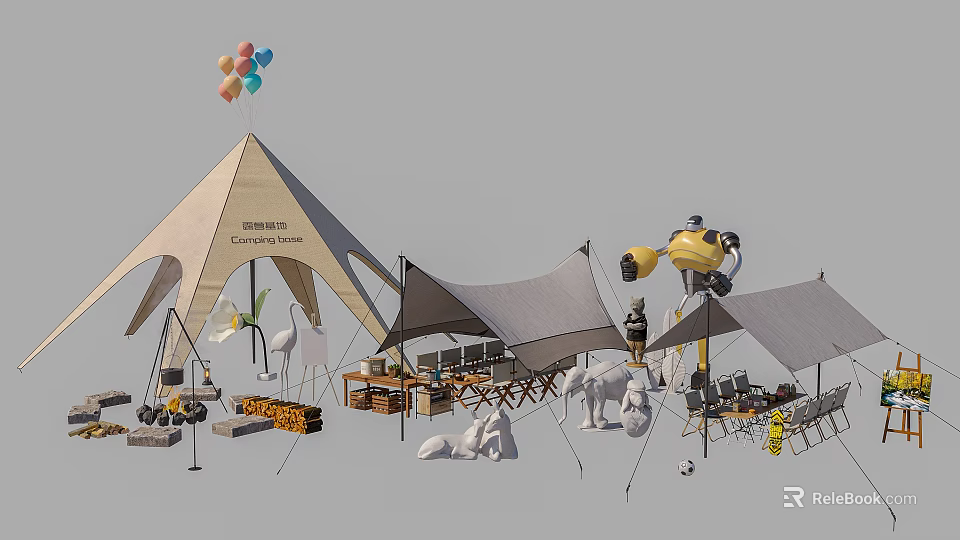 Camping Tents With Multiple Designs Tables Chairs Balloons And Animal Sculptures Setup 3d model 