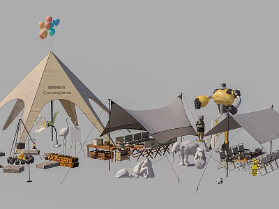 Camping Tents With Multiple Designs Tables Chairs Balloons And Animal Sculptures Setup 3d model