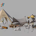 Camping Tents With Multiple Designs Tables Chairs Balloons And Animal Sculptures Setup
