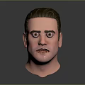 3D Male Character Head Model With Gray Combed Back Hair Serious Expression Against Gray Background