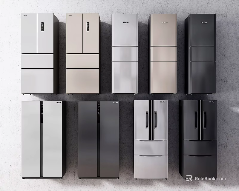 Assorted Refrigerators with Multiple Styles and Colors Displayed on Gray Wall 3d model 