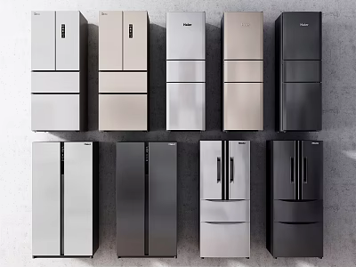 Assorted Refrigerators with Multiple Styles and Colors Displayed on Gray Wall 3d model