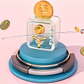 Transparent Safe With Yuan And Bitcoin Coins On Blue Base Metal Rings