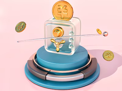 Transparent Safe With Yuan And Bitcoin Coins On Blue Base Metal Rings 3d model