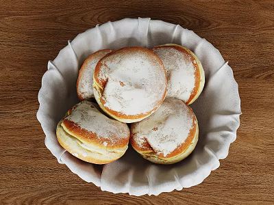 Soft Baked Pastries With Powdered Sugar In Cloth Lined Basket On Wooden Surface 3d model