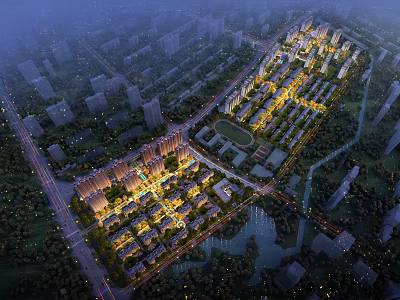 Aerial Urban Planning Night View With Illuminated Buildings Roads And Waterbody 3d model