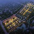 Aerial Urban Planning Night View With Illuminated Buildings Roads And Waterbody