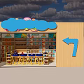 Colorful Toy and Gift Shop with Cloud Shaped Sign Arrow and Shelves of Gifts