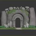 Scenic Stone Archway Surrounded by Rocks Green Vines and Pathway with Grass and Crystals