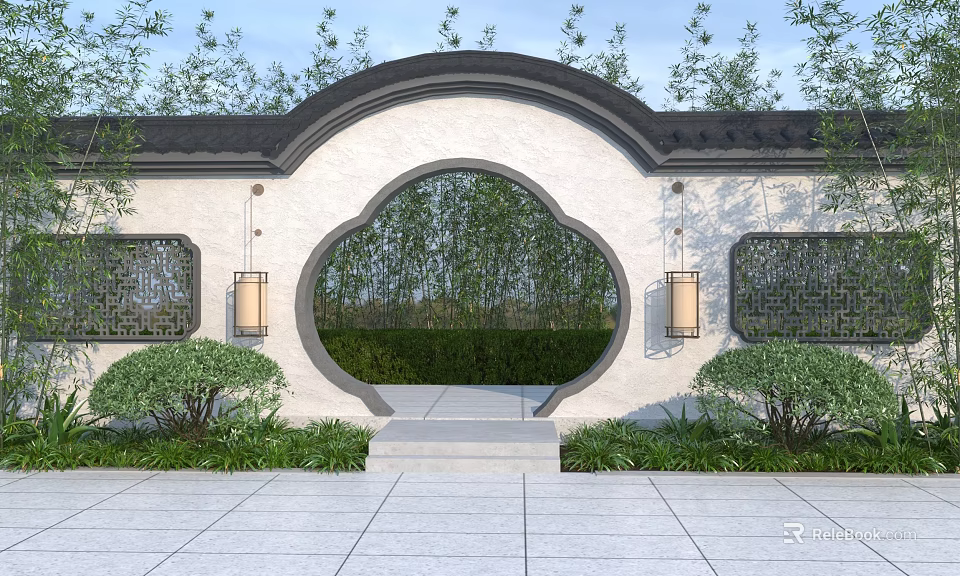 Chinese Style Circular Moon Gate With Bamboo Grove And Lattice Windows Lanterns And Green Plants 3d model 