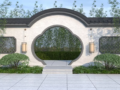 Chinese Style Circular Moon Gate With Bamboo Grove And Lattice Windows Lanterns And Green Plants 3d model
