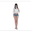 Woman In White Cropped Jacket And Denim Shorts With High Heels Front And Back View