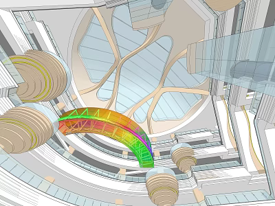 Modern Architectural Interior With Rainbow Arch Glass Structure And Decorative Columns 3d model