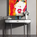 Stylish Console Table With Colorful Artwork Vase And Decorative Items On Marble Wall Background 3d model