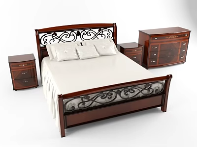 Double Bed With Dark Wooden Frame Carved Iron Headboard White Bedding Bedside Tables And Dresser 3d model