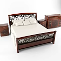 Double Bed With Dark Wooden Frame Carved Iron Headboard White Bedding Bedside Tables And Dresser