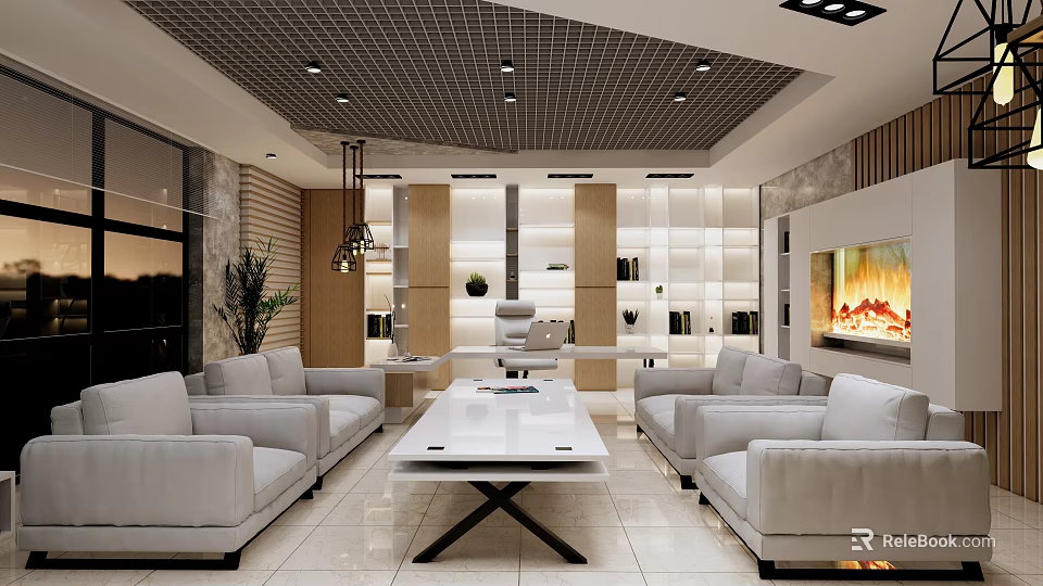 Modern Office Interior With White Sofas Coffee Table Bookshelves And Ambient Lighting 3d model 