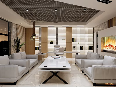 Modern Office Interior With White Sofas Coffee Table Bookshelves And Ambient Lighting 3d model