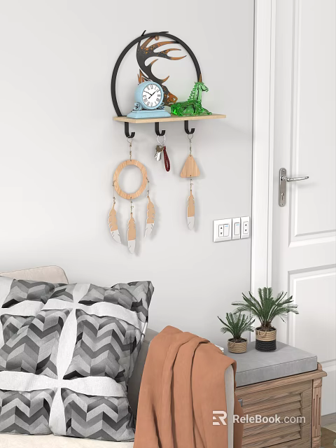 Stylish Entryway Console Table With Wall Mounted Shelf Hooks Feather Decor And Small Plants 3d model 
