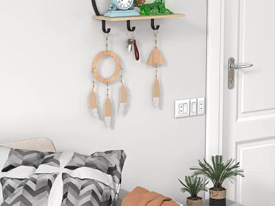 Stylish Entryway Console Table With Wall Mounted Shelf Hooks Feather Decor And Small Plants 3d model