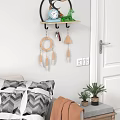 Stylish Entryway Console Table With Wall Mounted Shelf Hooks Feather Decor And Small Plants