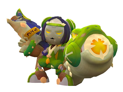 Cartoon Game Character With Large Green Mechanical Cannon Purple Helmet And Glowing Yellow Eyes 3d model