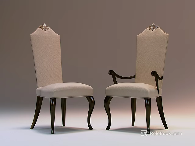 Dining Chairs Beige Fabric Upholstered With Decorative Top And Dark Wooden Legs Design 3d model 