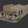 Commercial Building With Beige Walls Stone Wall Section Covered Patio Green Umbrellas And Large Windows