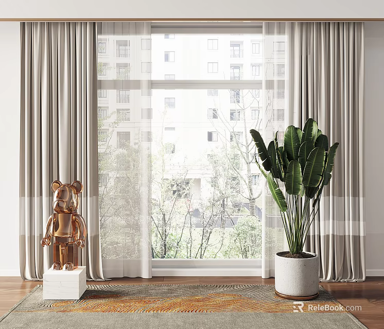 Beige Linen Curtains For Large Window With Building View And Indoor Plant Decor 3d model 