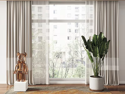 Beige Linen Curtains For Large Window With Building View And Indoor Plant Decor 3d model