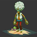 Orange Character With Fluffy White Hair Blue Sash Red Pants And Small Green Creature