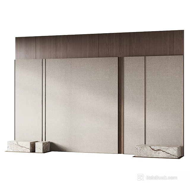 Modern Bedroom Accent Wall With Wooden Top Fabric Panels And Marble Bases 3d model 