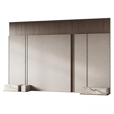 Modern Bedroom Accent Wall With Wooden Top Fabric Panels And Marble Bases 3d model