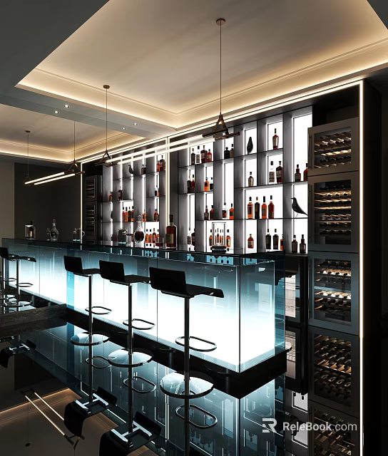 Modern Bar Interior With Illuminated Counter Black Stools And Wine Bottles 3d model 