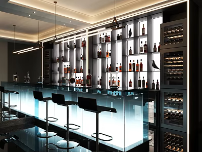 Modern Bar Interior With Illuminated Counter Black Stools And Wine Bottles 3d model