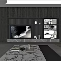 Modern Living and Dining Room Interior with Orange Sofa Marble Coffee Table and Black Cabinets