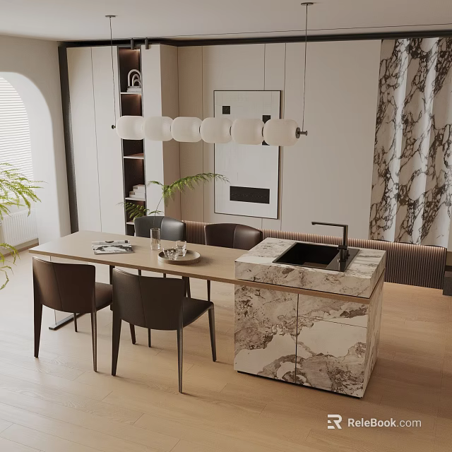 Elegant Modern Dining Table Set With Brown Chairs Marble Island And Pendant Lights 3d model 