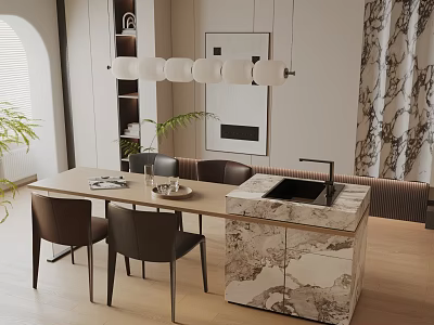 Elegant Modern Dining Table Set With Brown Chairs Marble Island And Pendant Lights 3d model