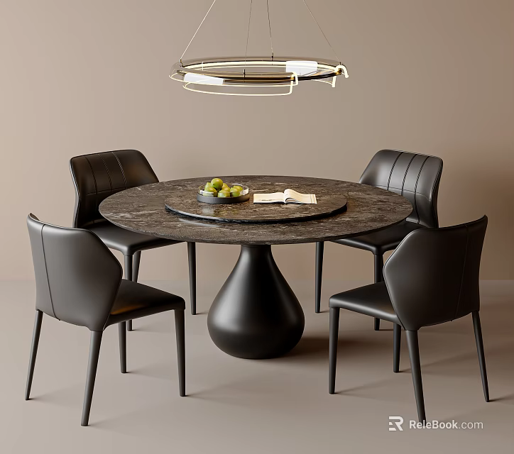 Modern Dining Table Set With Round Top Black Leather Chairs And Pendant Light 3d model 
