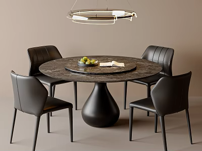 Modern Dining Table Set With Round Top Black Leather Chairs And Pendant Light 3d model