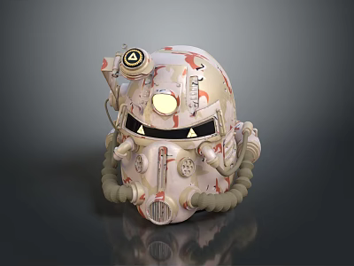 Ornate Beige Mechanical Helmet With Red Patterns Golden Accents And Tube Decorations 3d model