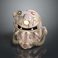 Ornate Beige Mechanical Helmet With Red Patterns Golden Accents And Tube Decorations