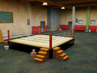 Indoor Boxing Training Ring With Wooden Steps And Ropes In Fitness Area 3d model